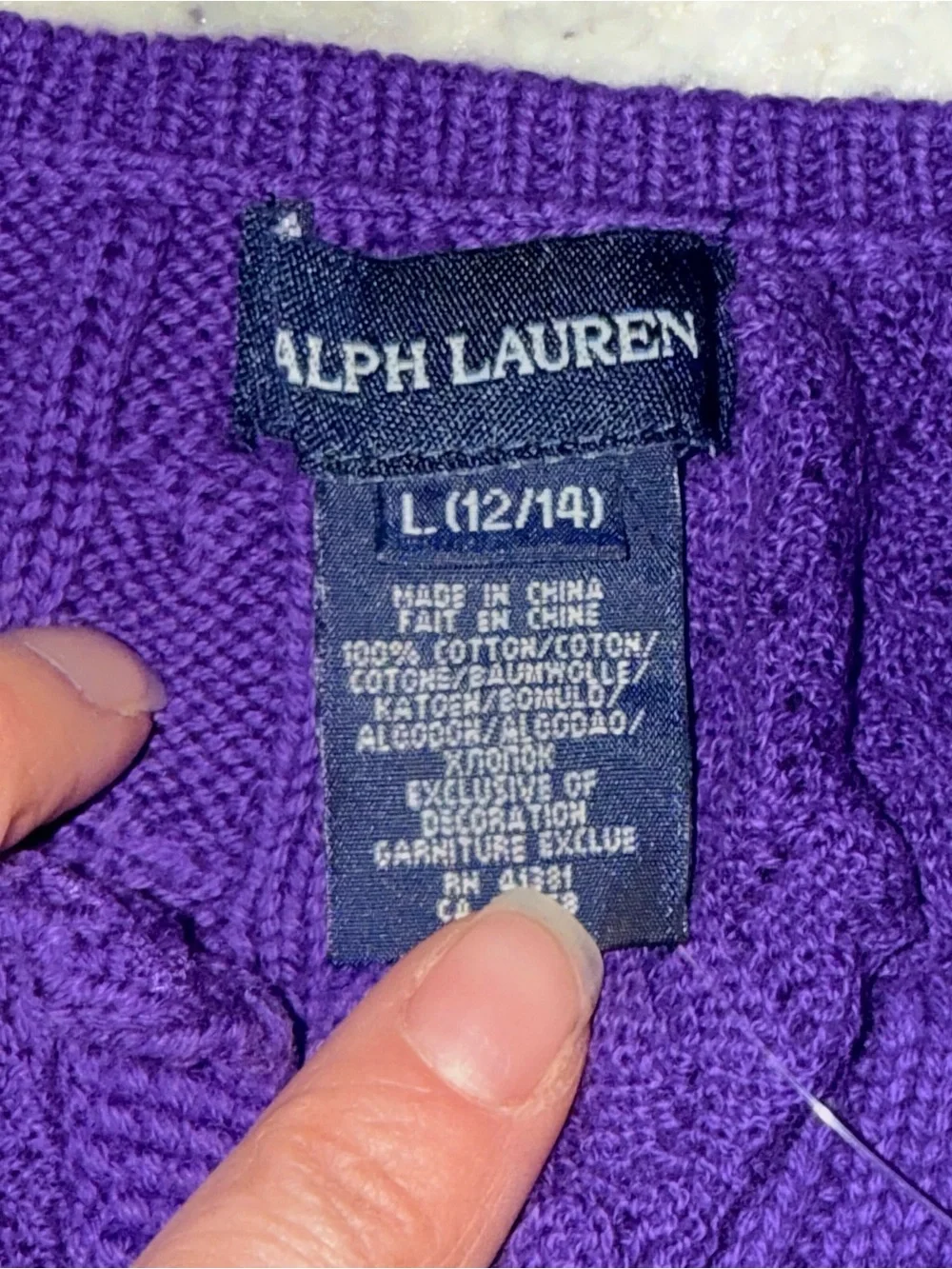Ralph Lauren Girls Cable Knit Sweater Purple Lace Henley Pony Logo large L 12-14